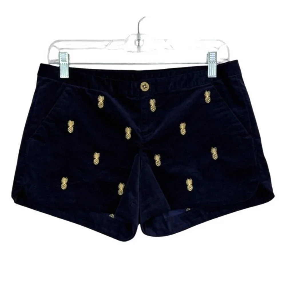 Lilly Pulitzer Size 2 Velvet Short Adie Navy Blue Embroidered Gold Pineapple - Picture 1 of 8